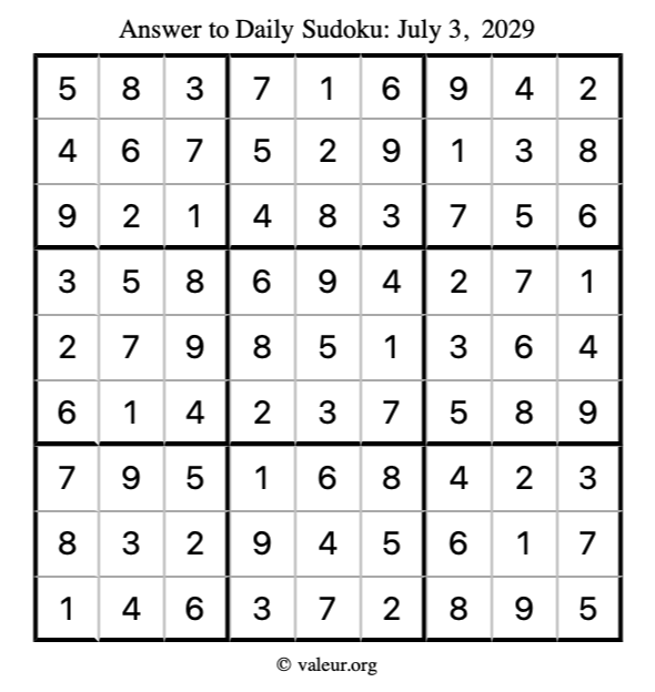 Answer to sudoku July 3, 2029
