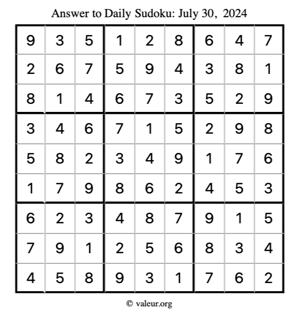 Answer to sudoku July 30, 2024