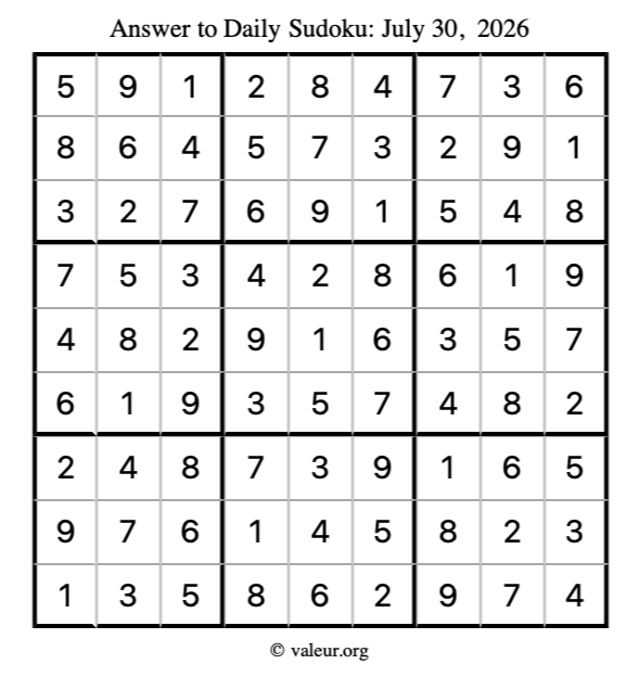 Answer to sudoku July 30, 2026