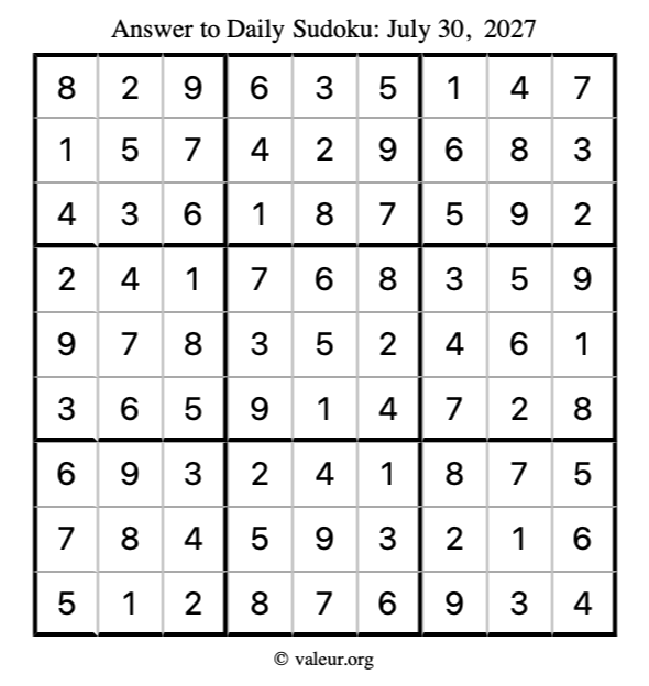 Answer to sudoku July 30, 2027