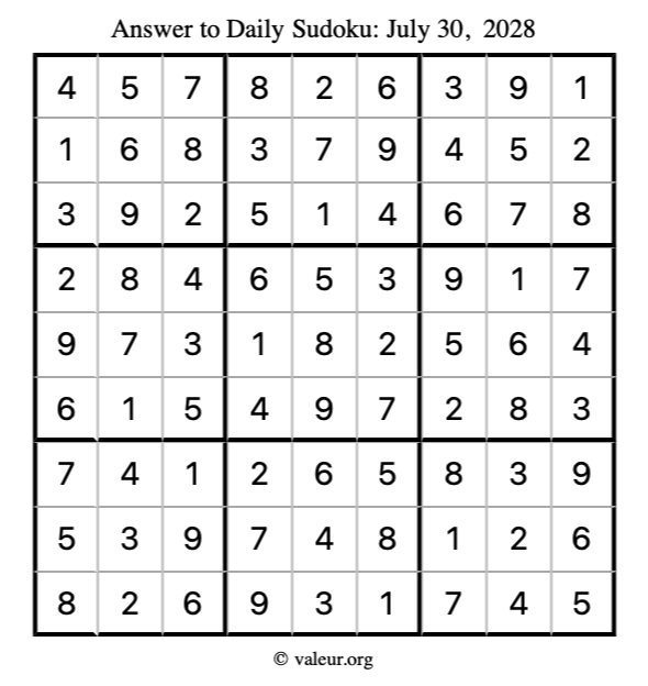 Answer to sudoku July 30, 2028