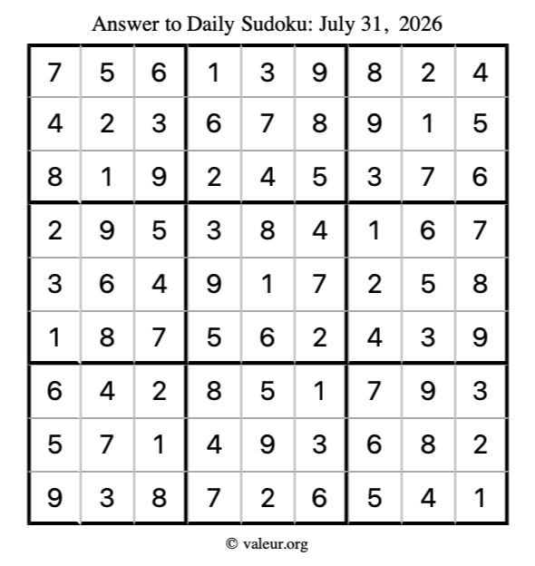 Answer to sudoku July 31, 2026