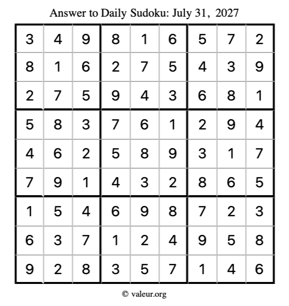 Answer to sudoku July 31, 2027