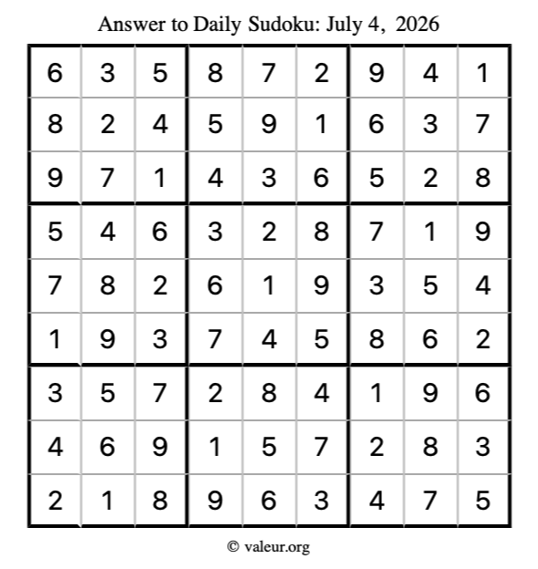 Answer to sudoku July 4, 2026