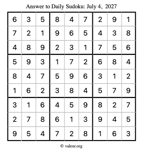 Answer to sudoku July 4, 2027