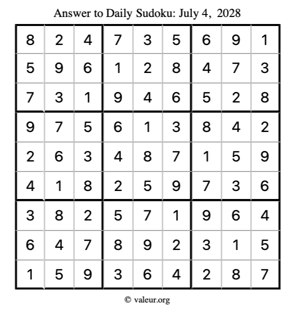 Answer to sudoku July 4, 2028