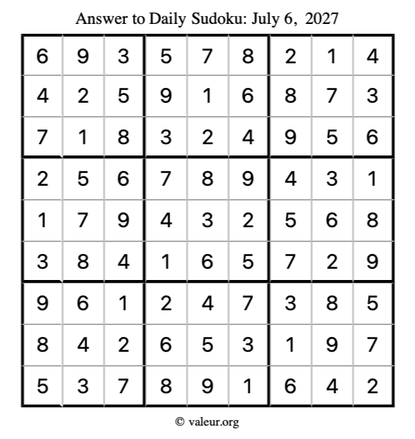 Answer to sudoku July 6, 2027