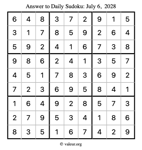 Answer to sudoku July 6, 2028