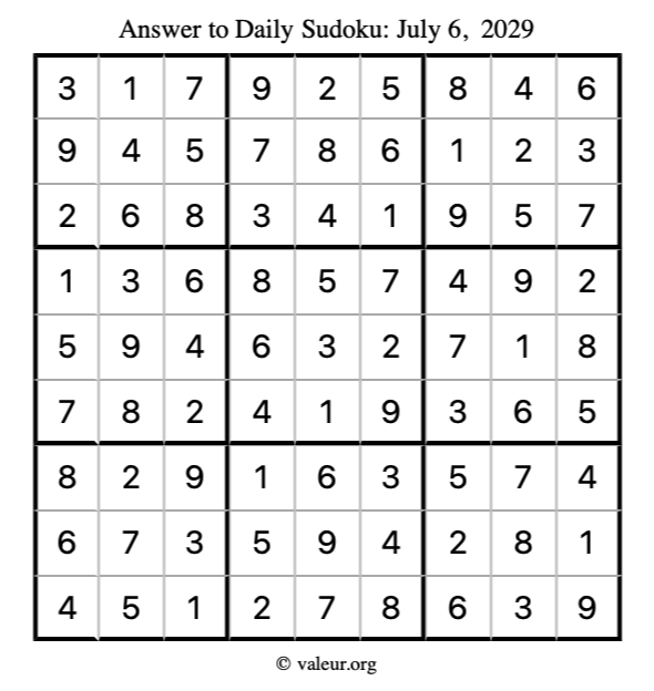 Answer to sudoku July 6, 2029