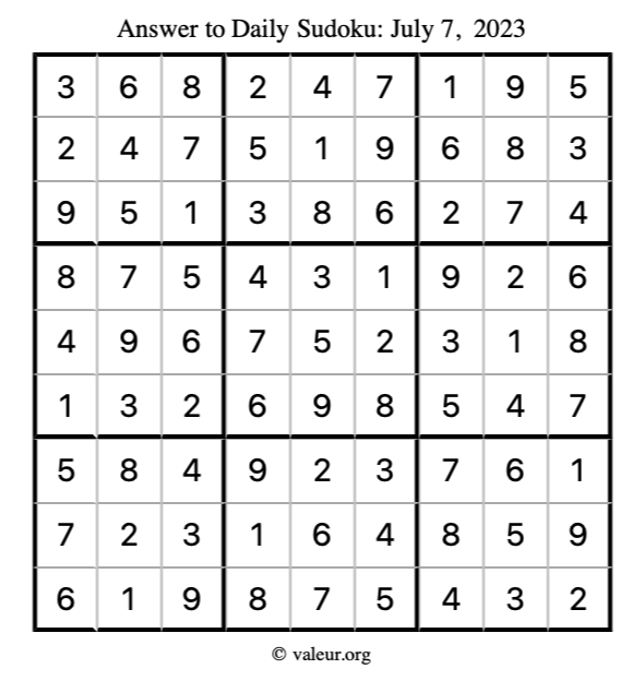 Answer to sudoku July 7, 2023