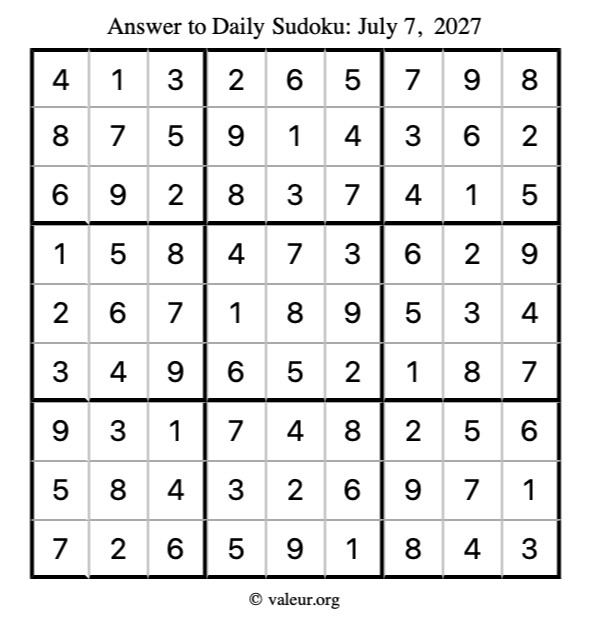 Answer to sudoku July 7, 2027