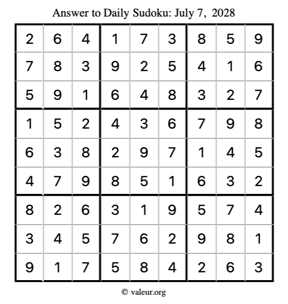 Answer to sudoku July 7, 2028
