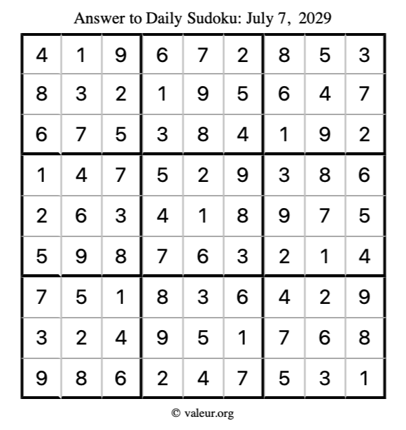 Answer to sudoku July 7, 2029