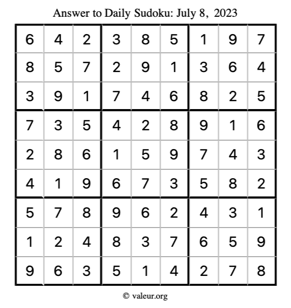 Answer to sudoku July 8, 2023