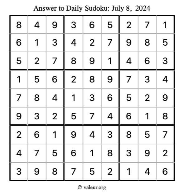 Answer to sudoku July 8, 2024