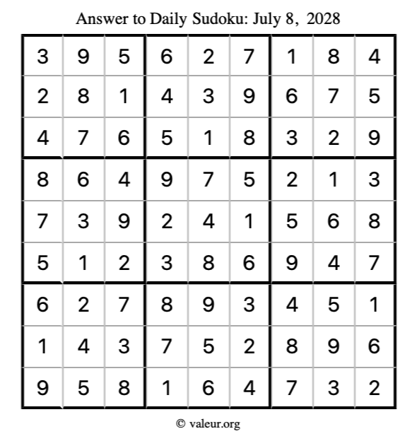 Answer to sudoku July 8, 2028