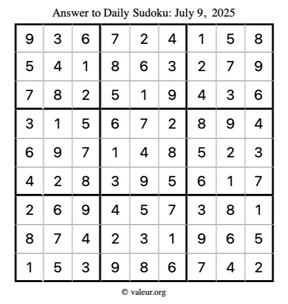 Answer to sudoku July 9, 2025