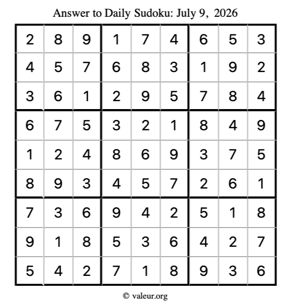 Answer to sudoku July 9, 2026