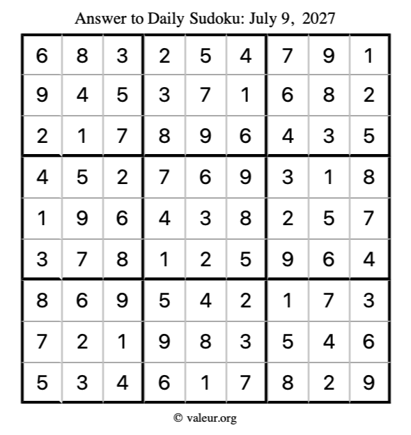 Answer to sudoku July 9, 2027