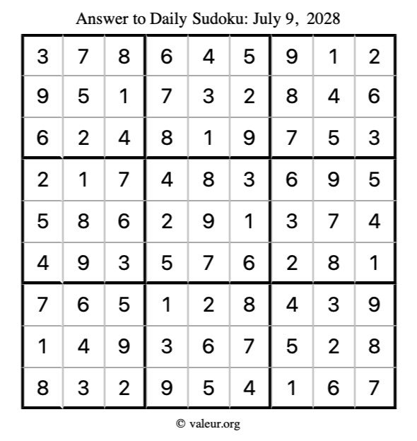 Answer to sudoku July 9, 2028
