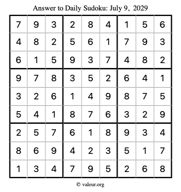 Answer to sudoku July 9, 2029