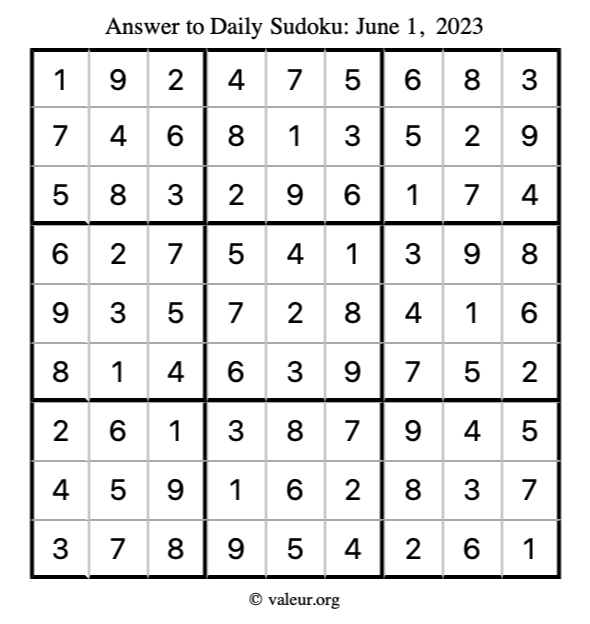 Answer to sudoku June 1, 2023