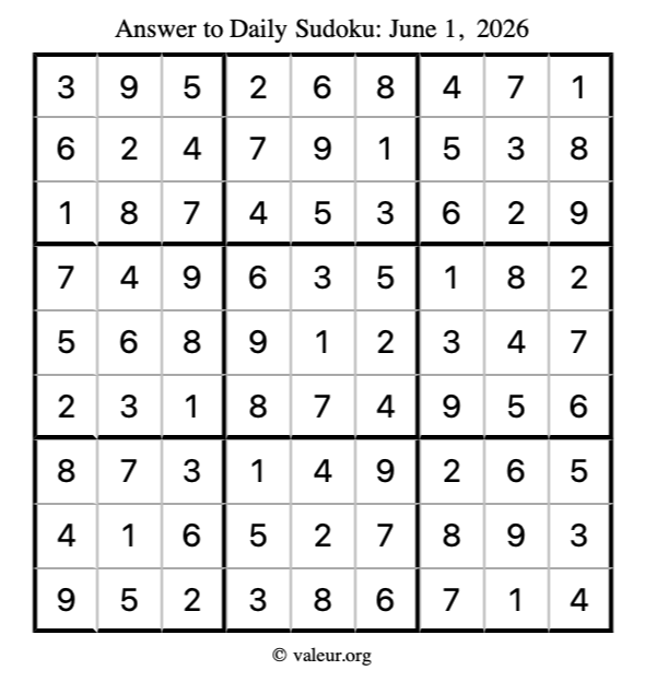 Answer to sudoku June 1, 2026