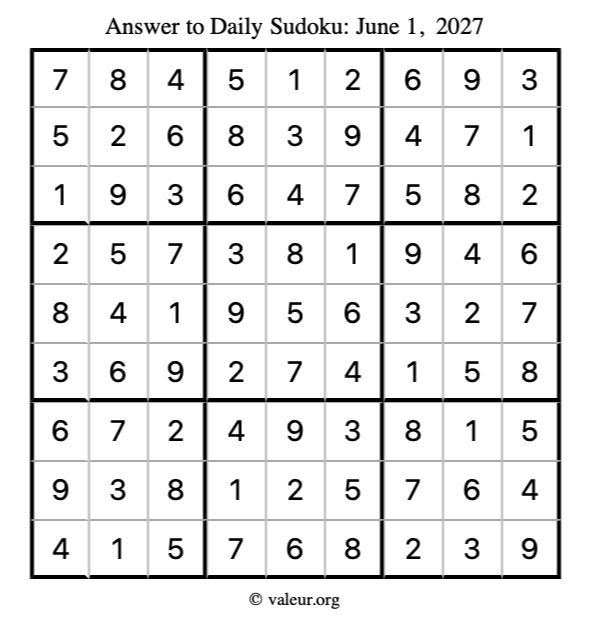 Answer to sudoku June 1, 2027