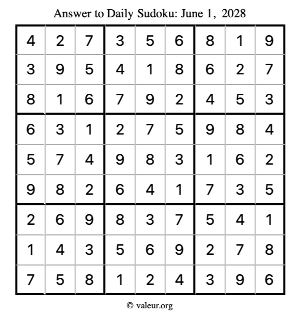 Answer to sudoku June 1, 2028