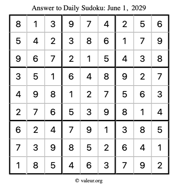 Answer to sudoku June 1, 2029