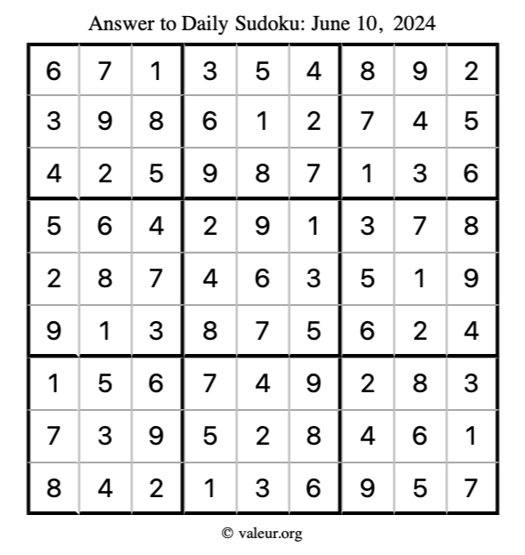 Answer to sudoku June 10, 2024