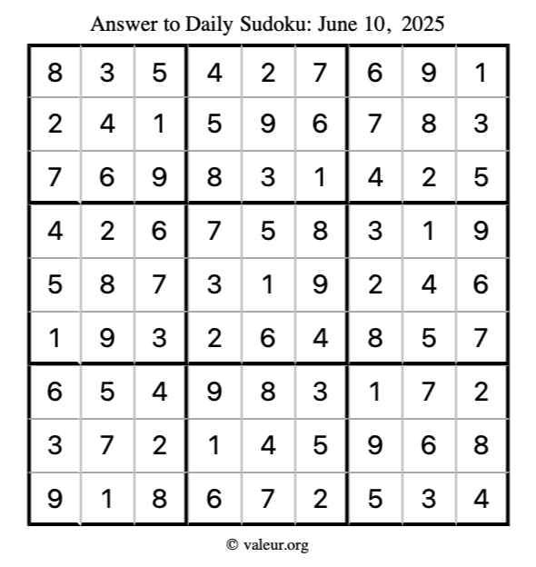 Answer to sudoku June 10, 2025
