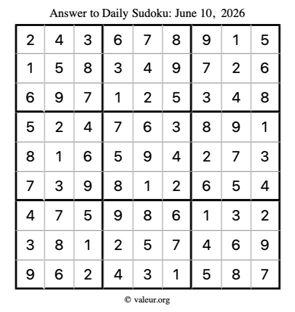 Answer to sudoku June 10, 2026