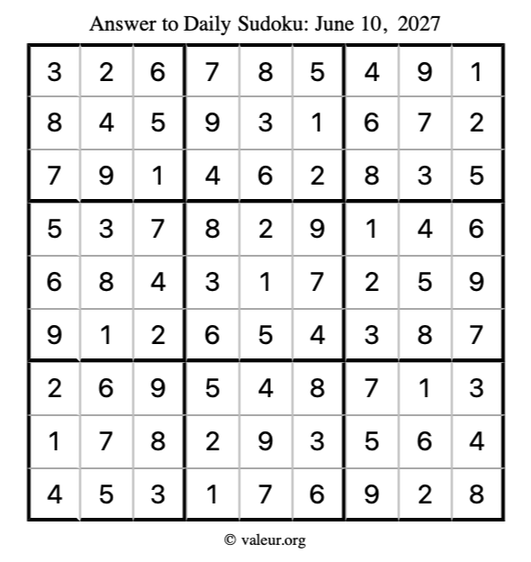 Answer to sudoku June 10, 2027