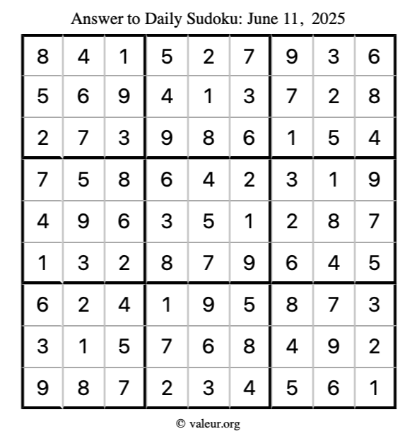 Answer to sudoku June 11, 2025