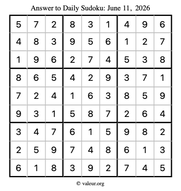Answer to sudoku June 11, 2026