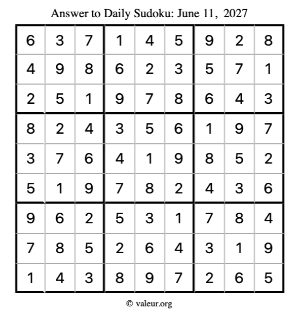 Answer to sudoku June 11, 2027