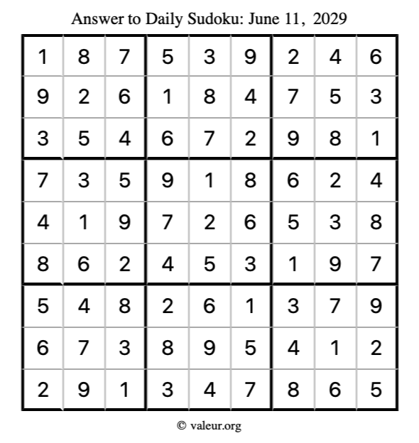 Answer to sudoku June 11, 2029
