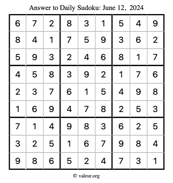 Answer to sudoku June 12, 2024