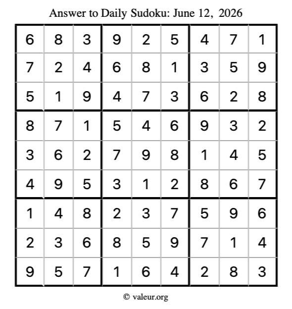 Answer to sudoku June 12, 2026