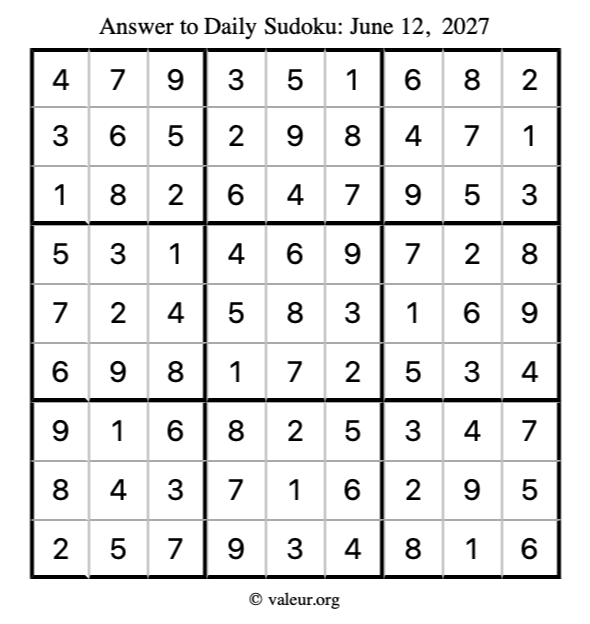 Answer to sudoku June 12, 2027