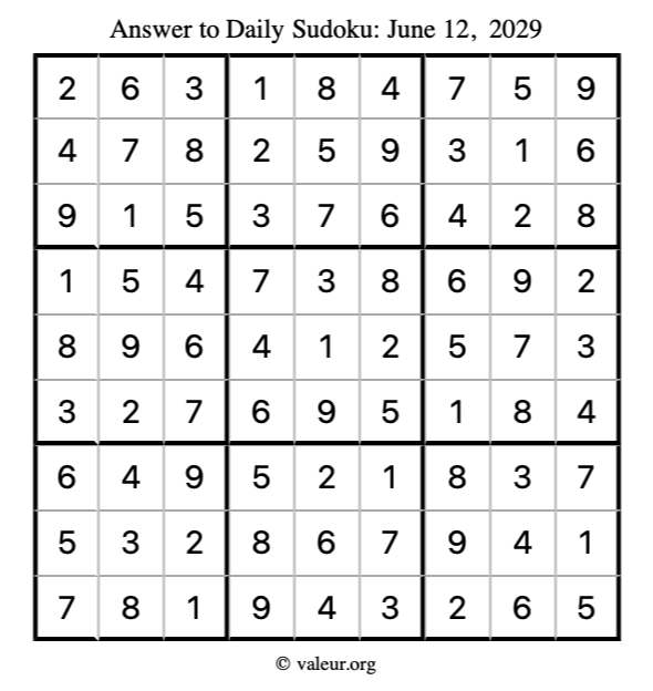 Answer to sudoku June 12, 2029