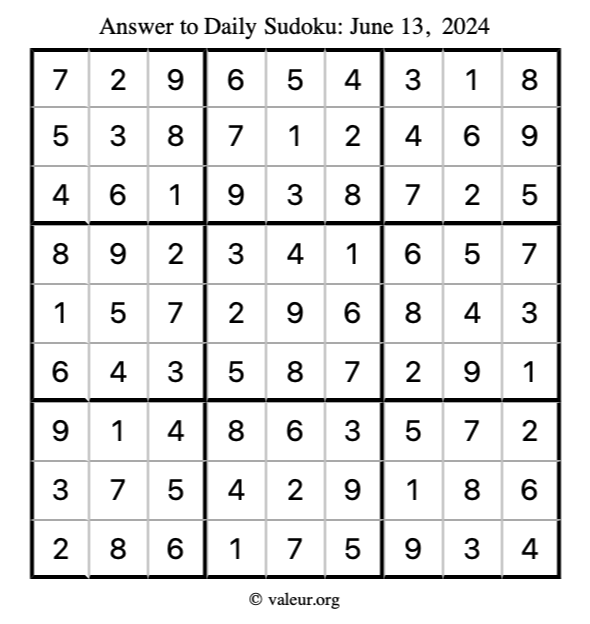 Answer to sudoku June 13, 2024