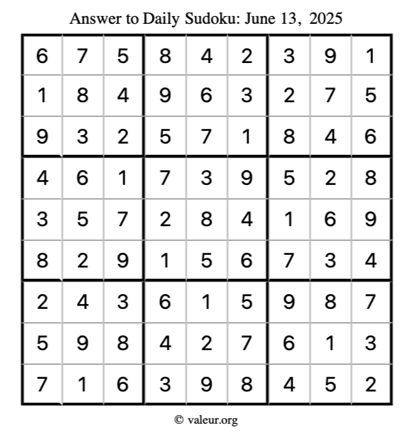 Answer to sudoku June 13, 2025