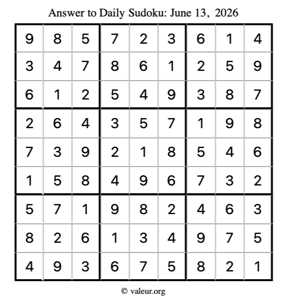 Answer to sudoku June 13, 2026