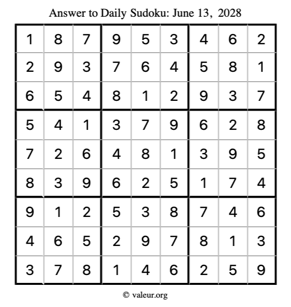 Answer to sudoku June 13, 2028