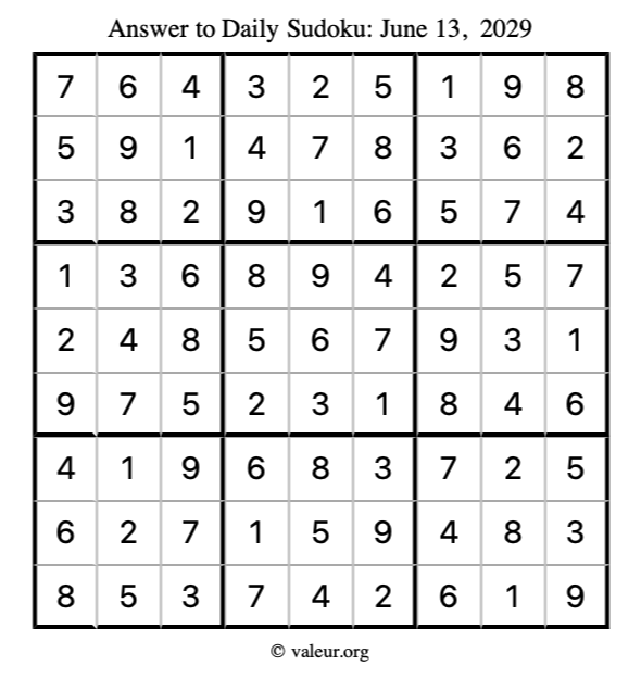 Answer to sudoku June 13, 2029