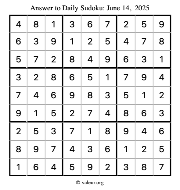 Answer to sudoku June 14, 2025