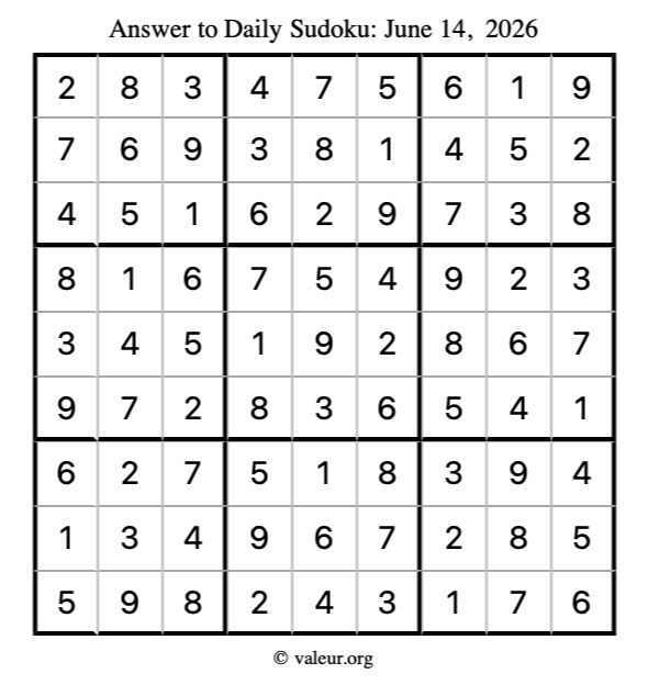 Answer to sudoku June 14, 2026