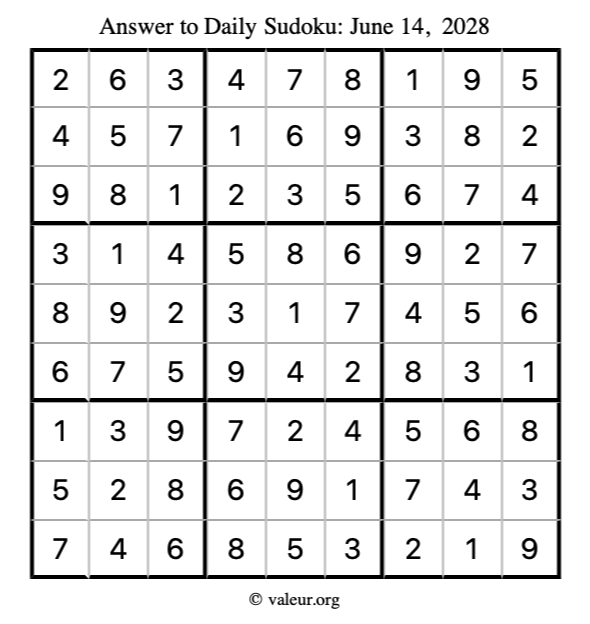 Answer to sudoku June 14, 2028
